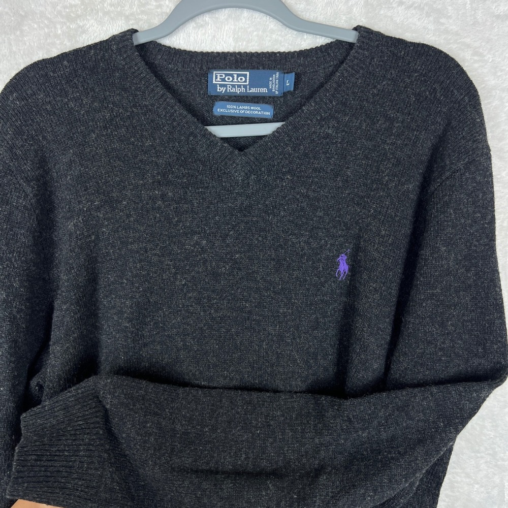 Polo‎ Ralph Lauren Lambswool Sweater Charcoal V Neck Purple Pony Men L